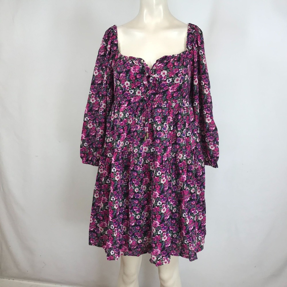 ENTRO - WOMEN'S LARGE - FLORAL LONG SLEEVE‎ TIES AT NECK POLYESTER SHIFT DRESS
